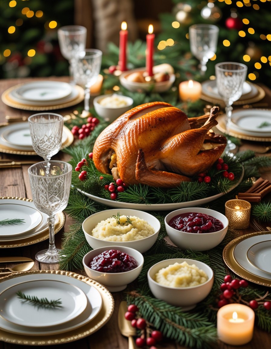 A Christmas table set with a roasted turkey, side dishes, candles, pine branches, and festive decorations.