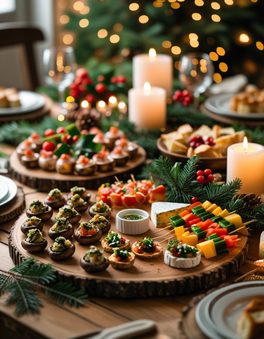 A cozy Christmas table with a variety of appetizers, candles, and holiday decorations creating a warm festive scene.