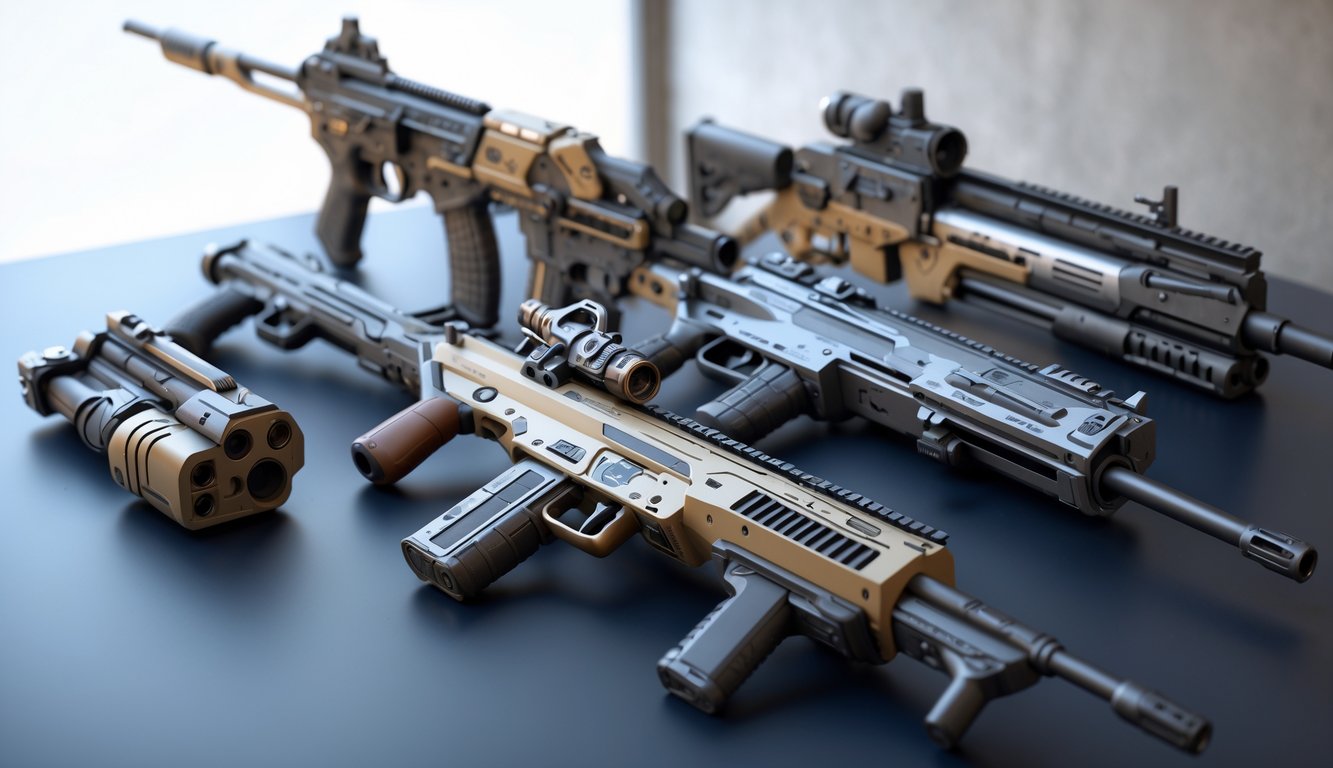 Beberapa senjata futuristik dari permainan Apex Legends diletakkan rapi di atas permukaan gelap dengan latar belakang minimalis.