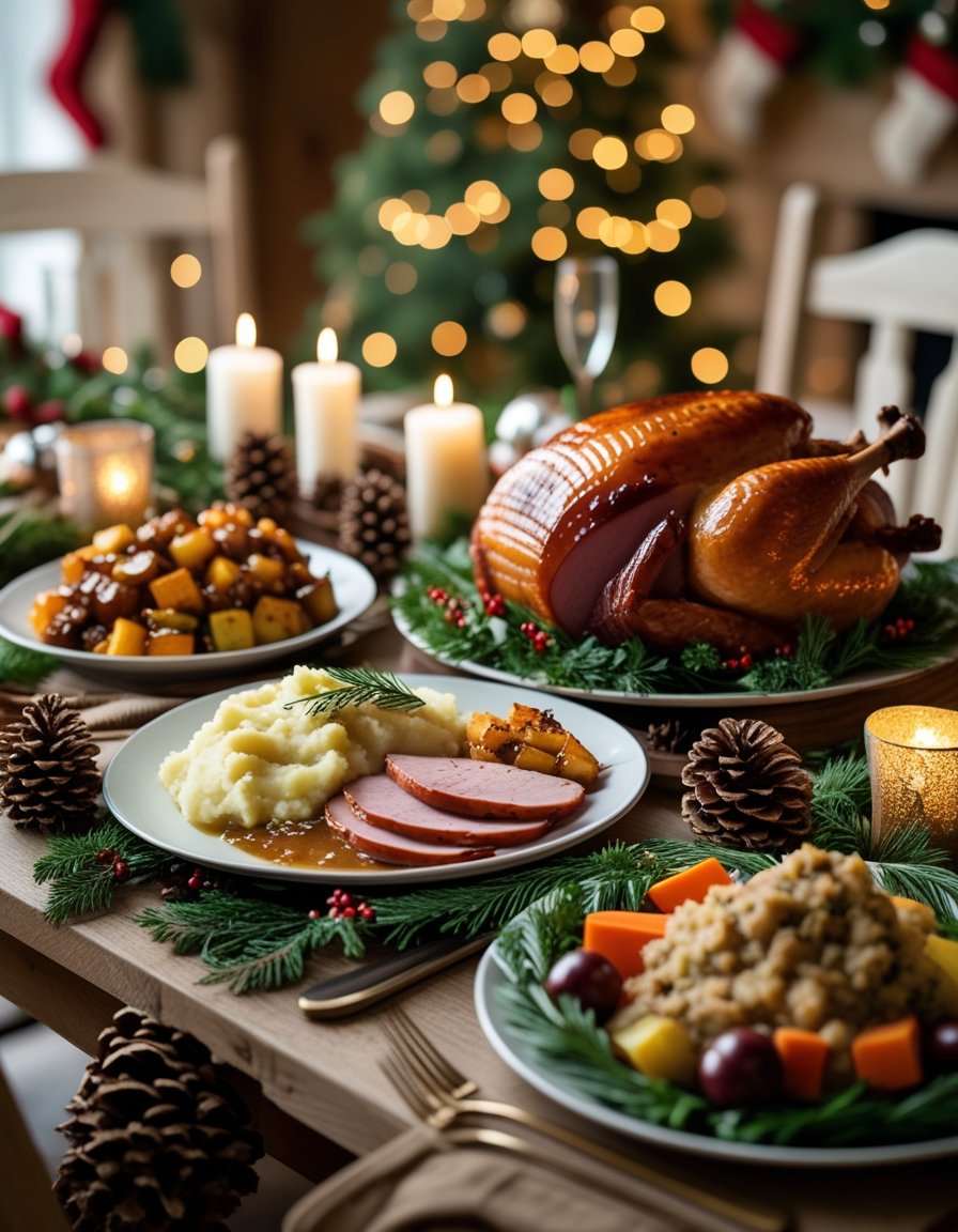 A holiday dining table with roasted turkey, ham, mashed potatoes, and roasted vegetables, decorated with festive greenery and candles.