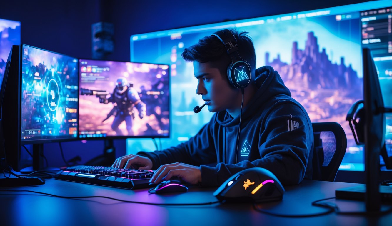 Seorang pemain game fokus di depan komputer dengan layar menampilkan permainan aksi futuristik, menggunakan headset dan dikelilingi oleh perlengkapan gaming.