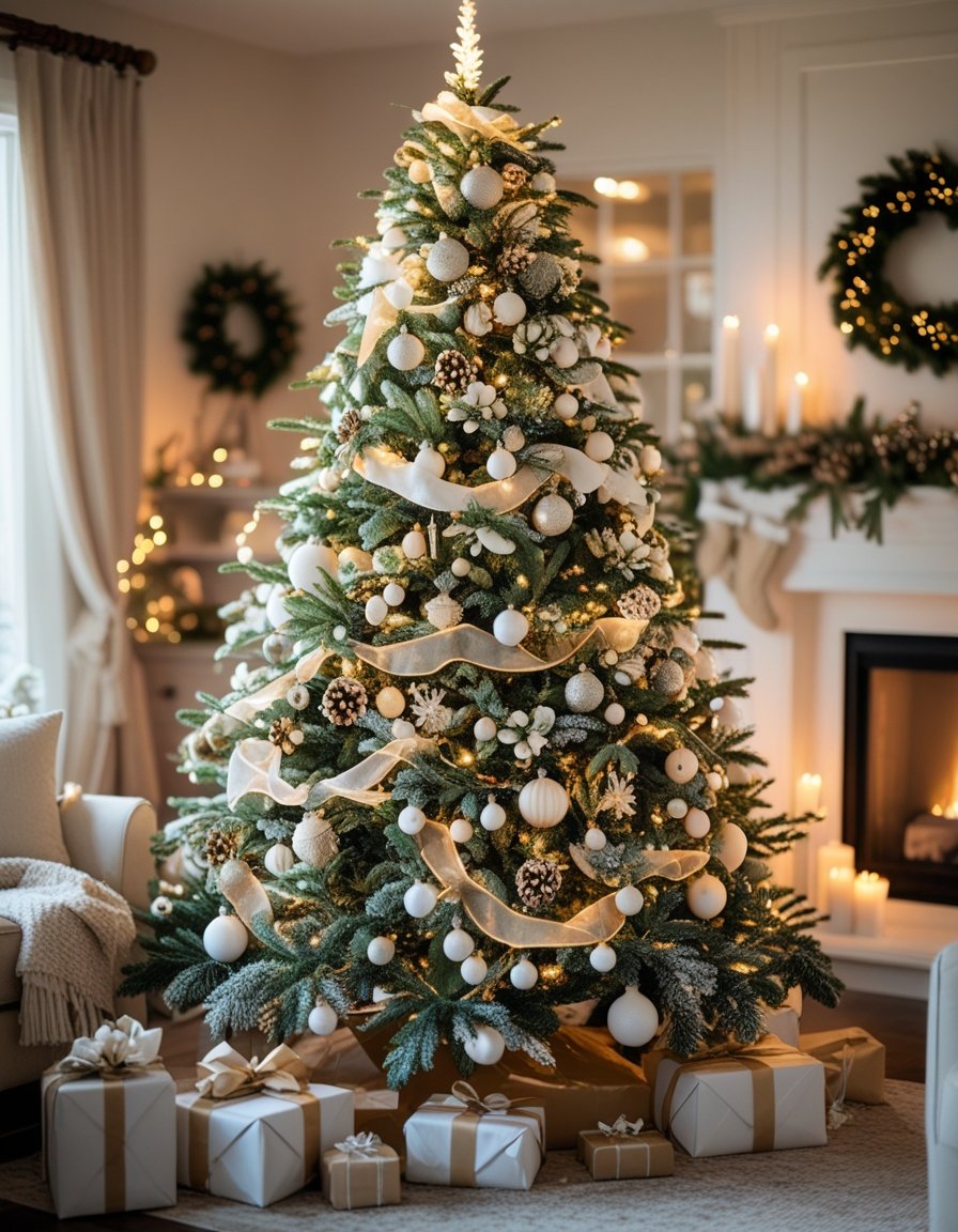 A decorated Christmas tree with lights and ornaments in a cozy living room with wrapped presents underneath.