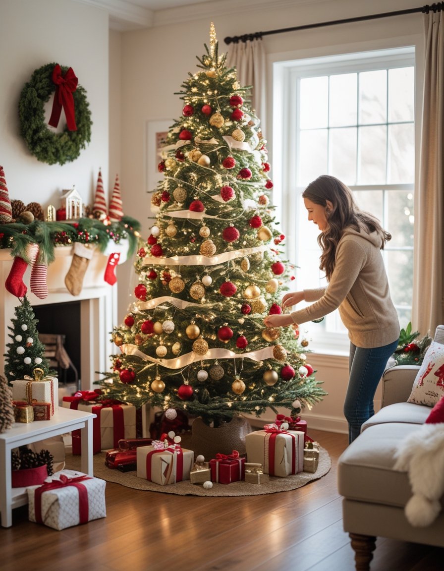 A person decorating a Christmas tree with ornaments in a cozy living room filled with holiday decorations.