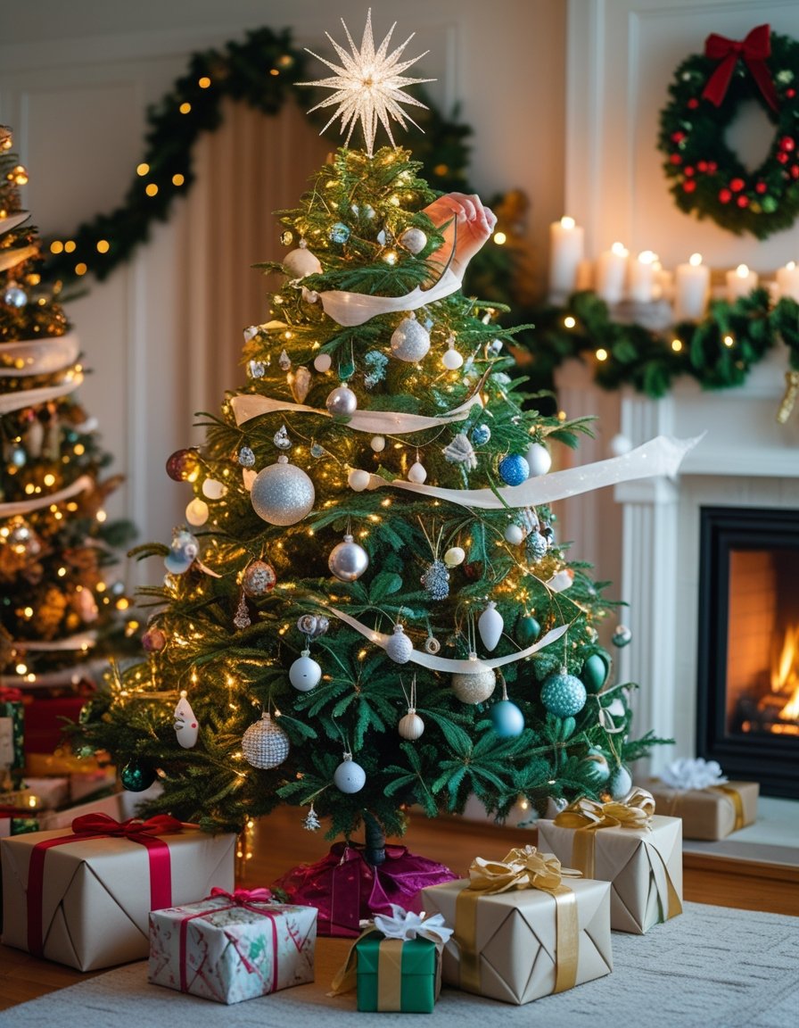 A person decorating a Christmas tree with ornaments and a star topper in a cozy living room with wrapped presents and holiday decorations.