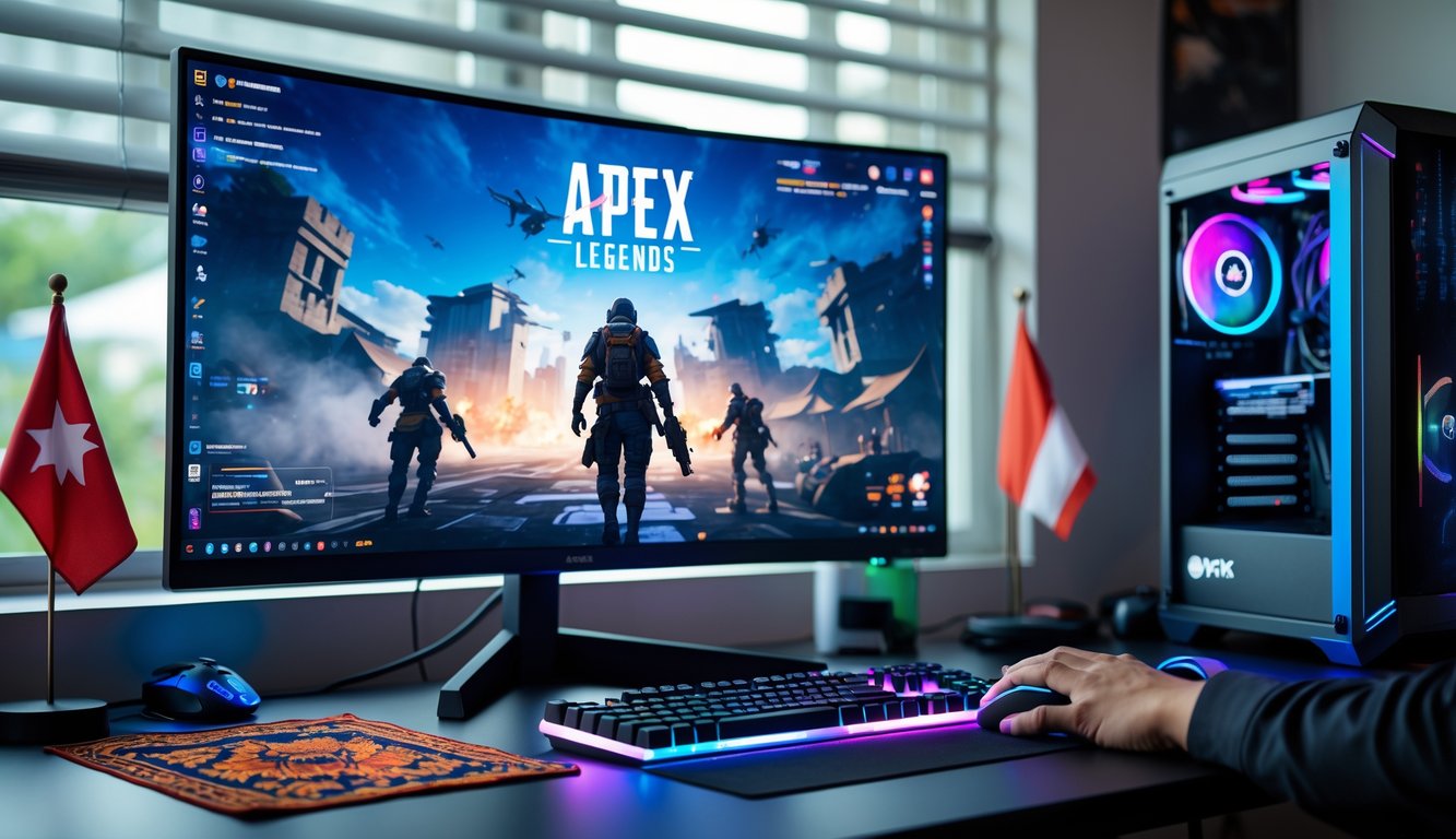Setup gaming modern dengan komputer dan layar besar menampilkan permainan Apex Legends, dengan elemen budaya Indonesia di latar belakang.