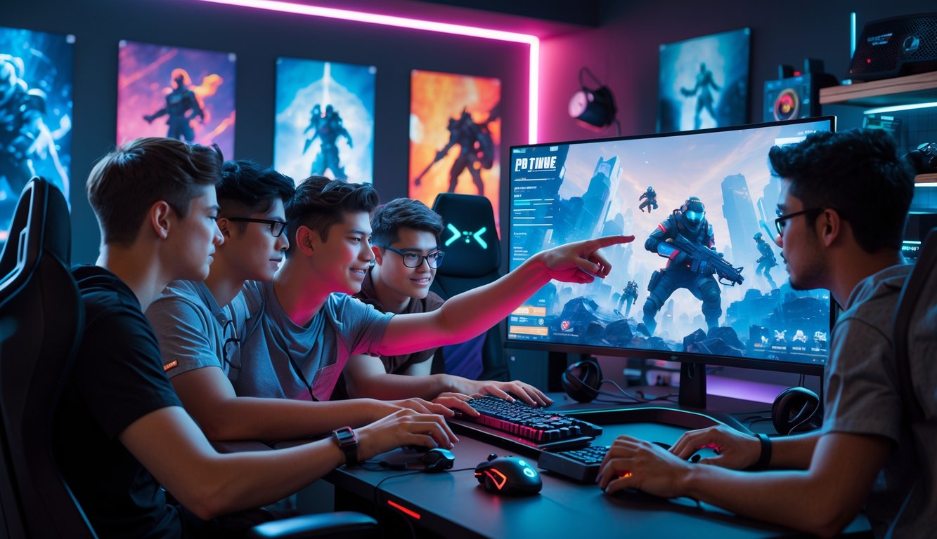 Sekelompok orang muda sedang bermain dan berdiskusi strategi dalam permainan video di sebuah ruangan dengan peralatan gaming.