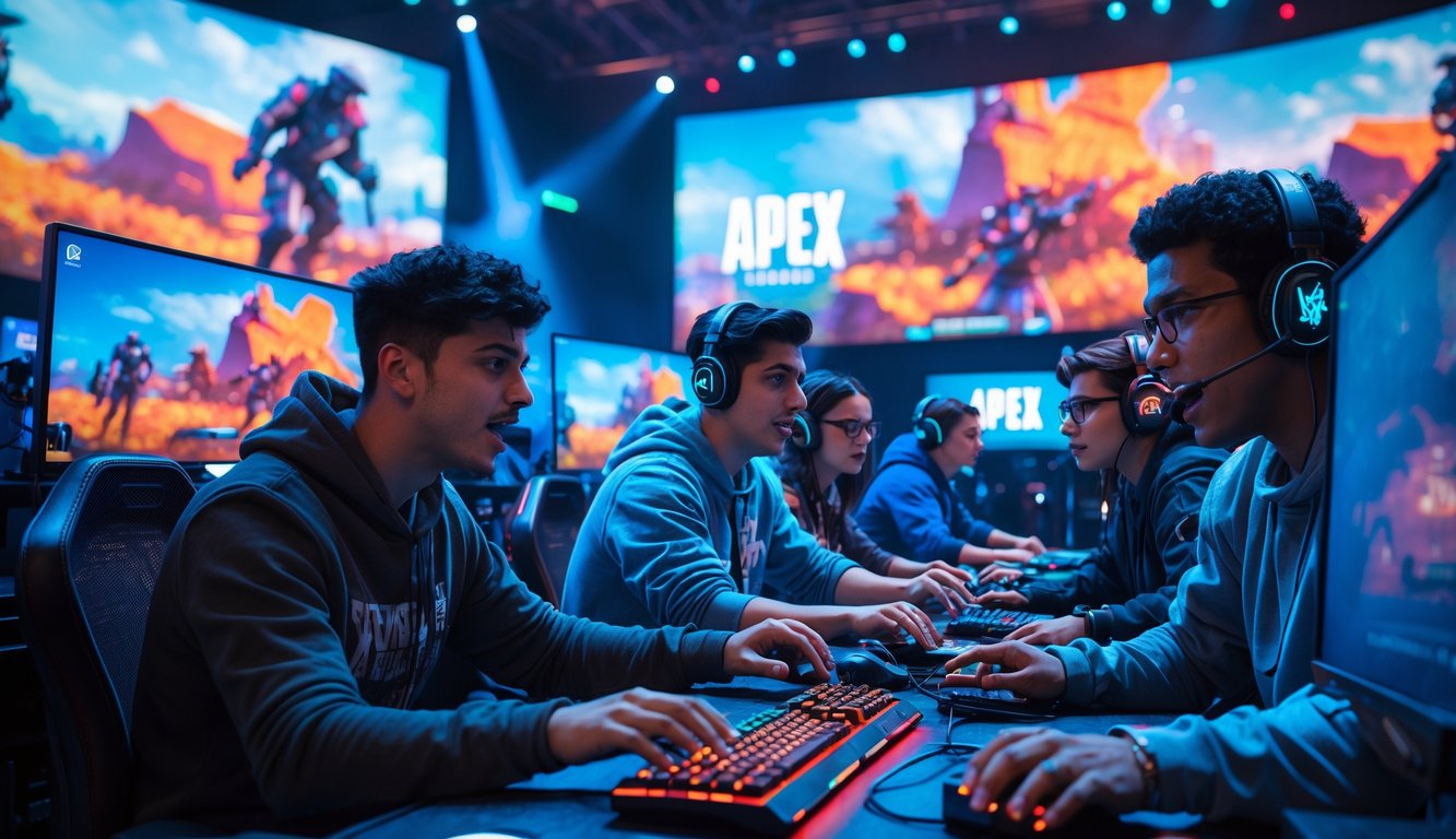 Sekelompok orang muda bermain video game kompetitif dengan latar arena esports modern dan layar besar yang menampilkan adegan permainan futuristik.