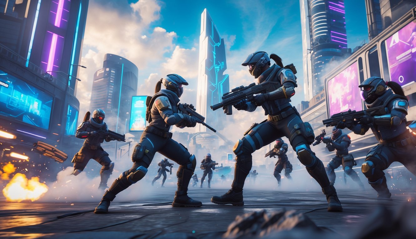 Beberapa karakter berperang di lingkungan kota futuristik dengan gedung pencakar langit dan lampu neon.