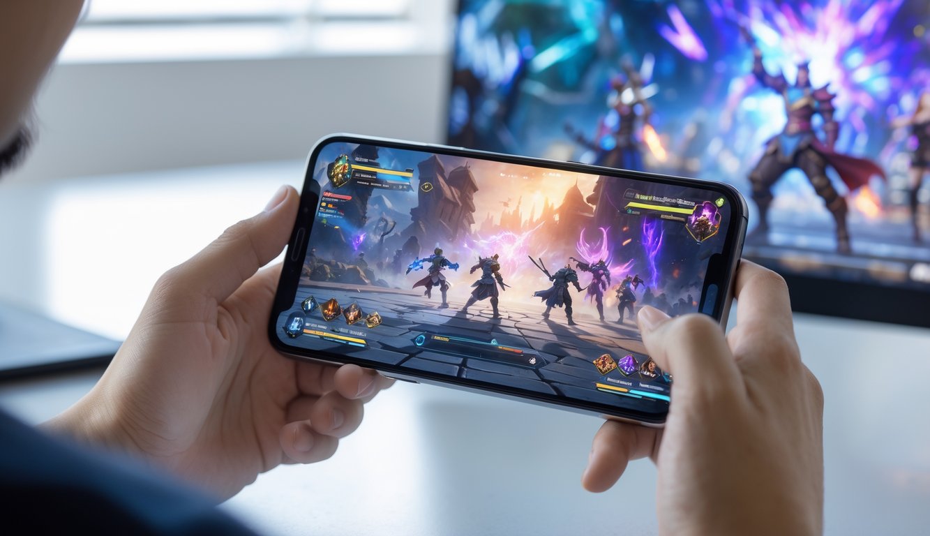 Seseorang memegang smartphone yang menampilkan permainan game mobile terbaru dengan grafis warna-warni dan karakter aksi.