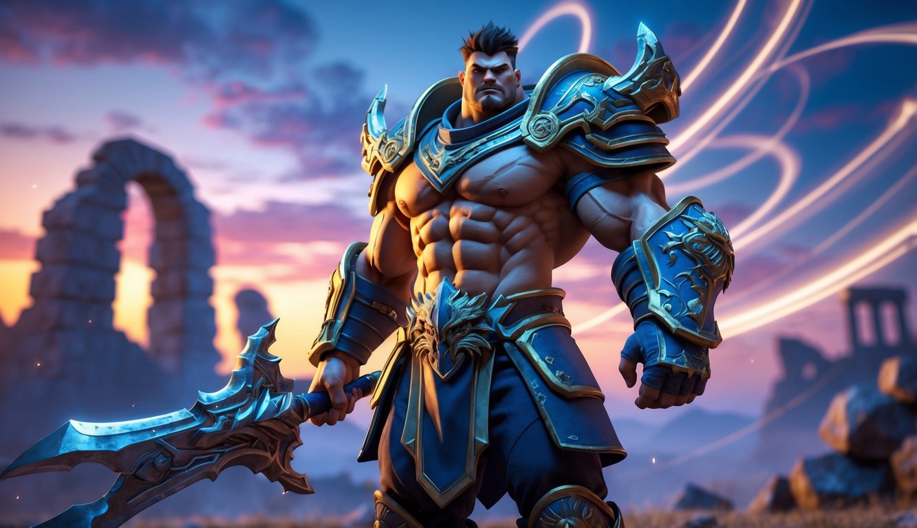 Seorang pahlawan kuat berdiri di medan perang dengan senjata besar dan latar belakang langit senja serta reruntuhan.