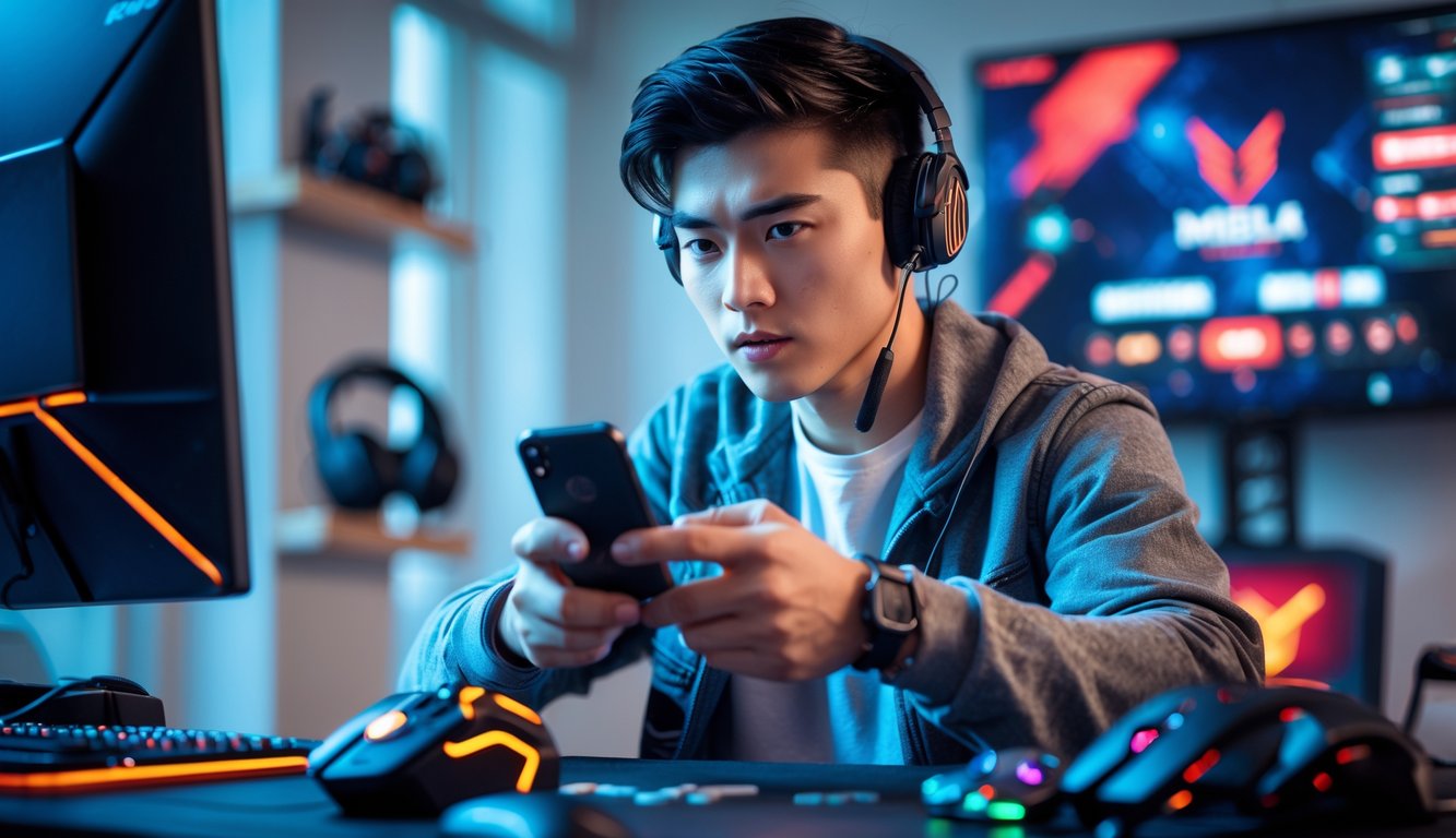 Seorang pria muda sedang fokus bermain game di ponsel dengan aksesori gaming di sekitarnya.