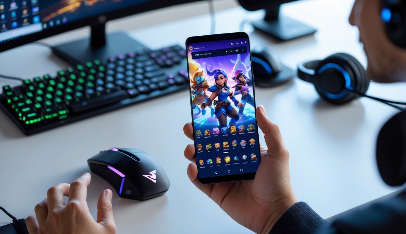 Seseorang memegang ponsel yang menampilkan permainan League of Legends Mobile dengan aksesori game di meja.