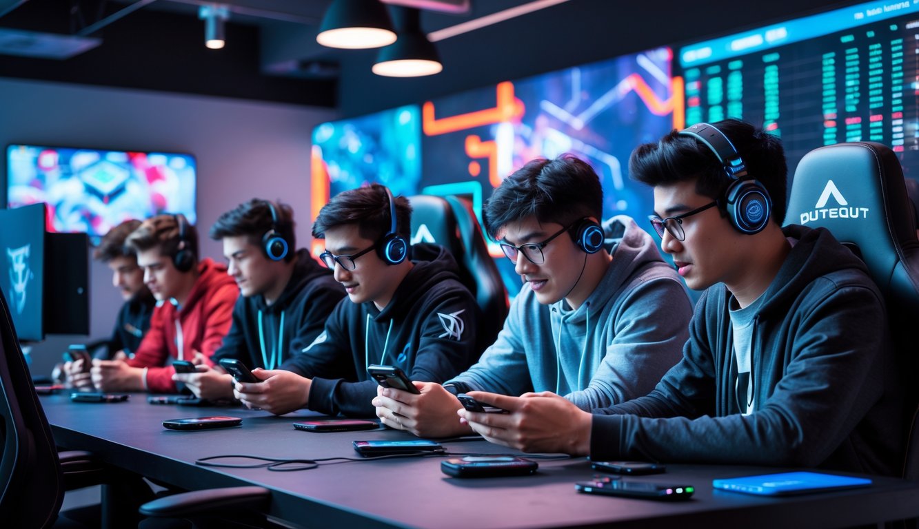 Sekelompok orang muda bermain game mobile secara kompetitif di ruangan modern dengan pencahayaan LED dan peralatan gaming.