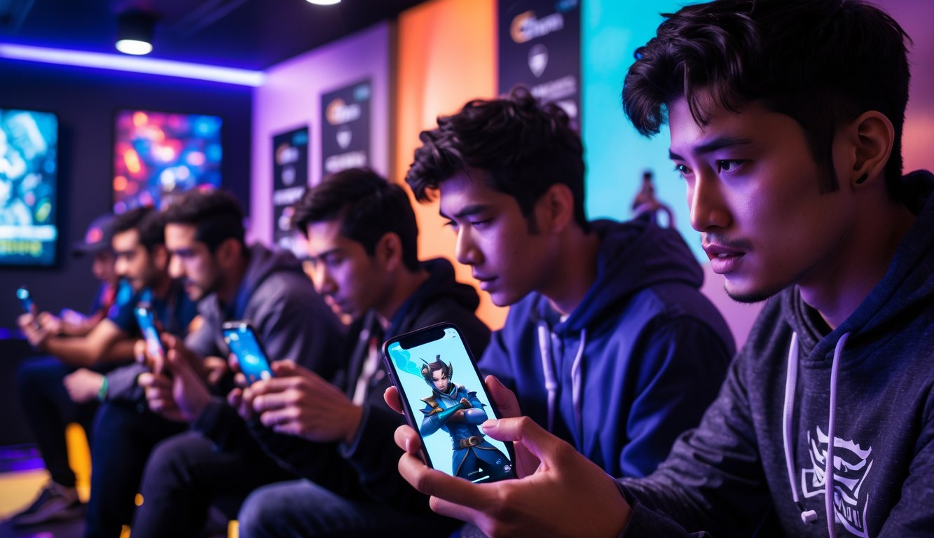 Sekelompok orang muda bermain game di ponsel di ruang bermain dengan pencahayaan warna-warni dan dekorasi modern.