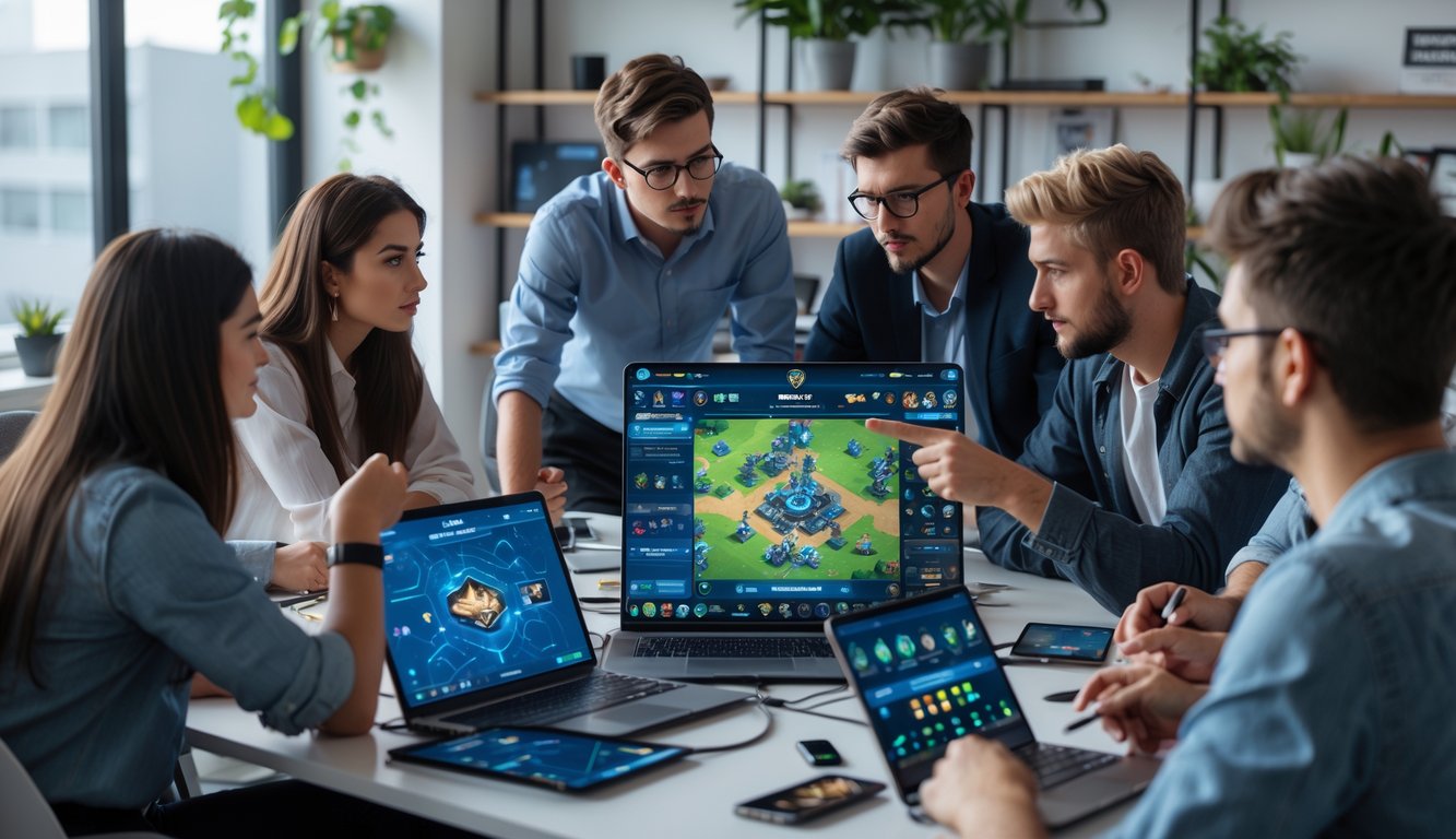 Sekelompok orang muda sedang berdiskusi strategi permainan di ruang kantor modern dengan perangkat elektronik.