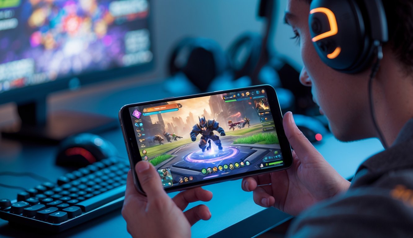 Seorang pemain muda memegang ponsel dengan game League of Legends Mobile yang sedang dimainkan, di ruangan modern dengan aksesori gaming di sekitar.