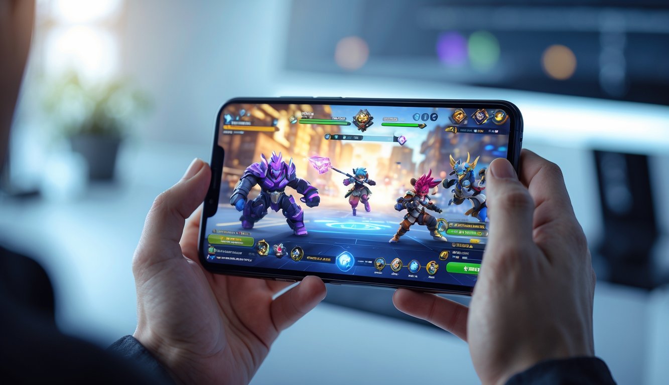 Seseorang memegang smartphone yang menampilkan permainan mobile yang penuh warna dengan latar belakang ruang kerja teknologi yang modern.