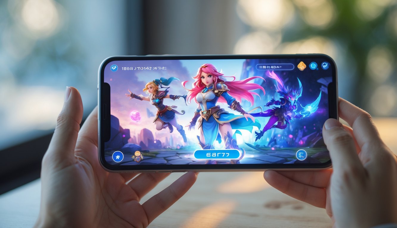 Seseorang memegang ponsel yang menampilkan layar permainan mobile dengan gambar karakter fantasi berwarna-warni.