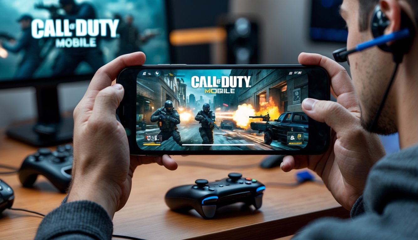 Seorang pemain muda sedang memainkan game Call of Duty Mobile di ponsel dengan latar belakang suasana gaming yang nyaman.