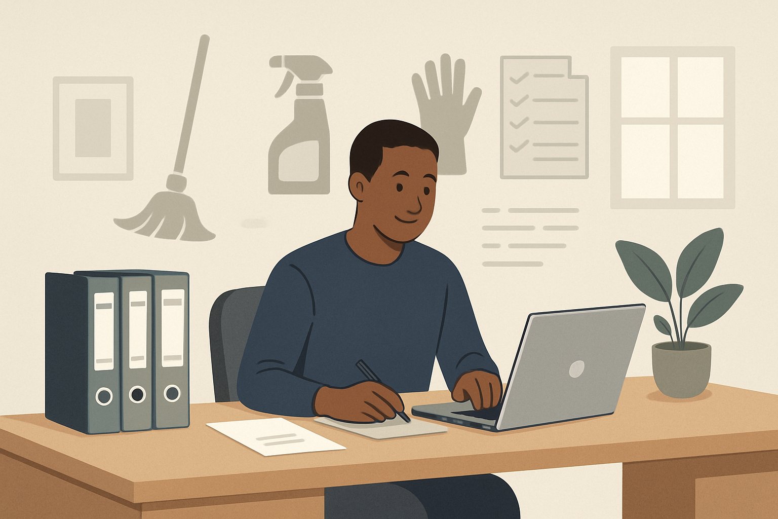 A person working at a desk in an office surrounded by cleaning-related icons and organized binders, representing the creation of procedures for a cleaning business.