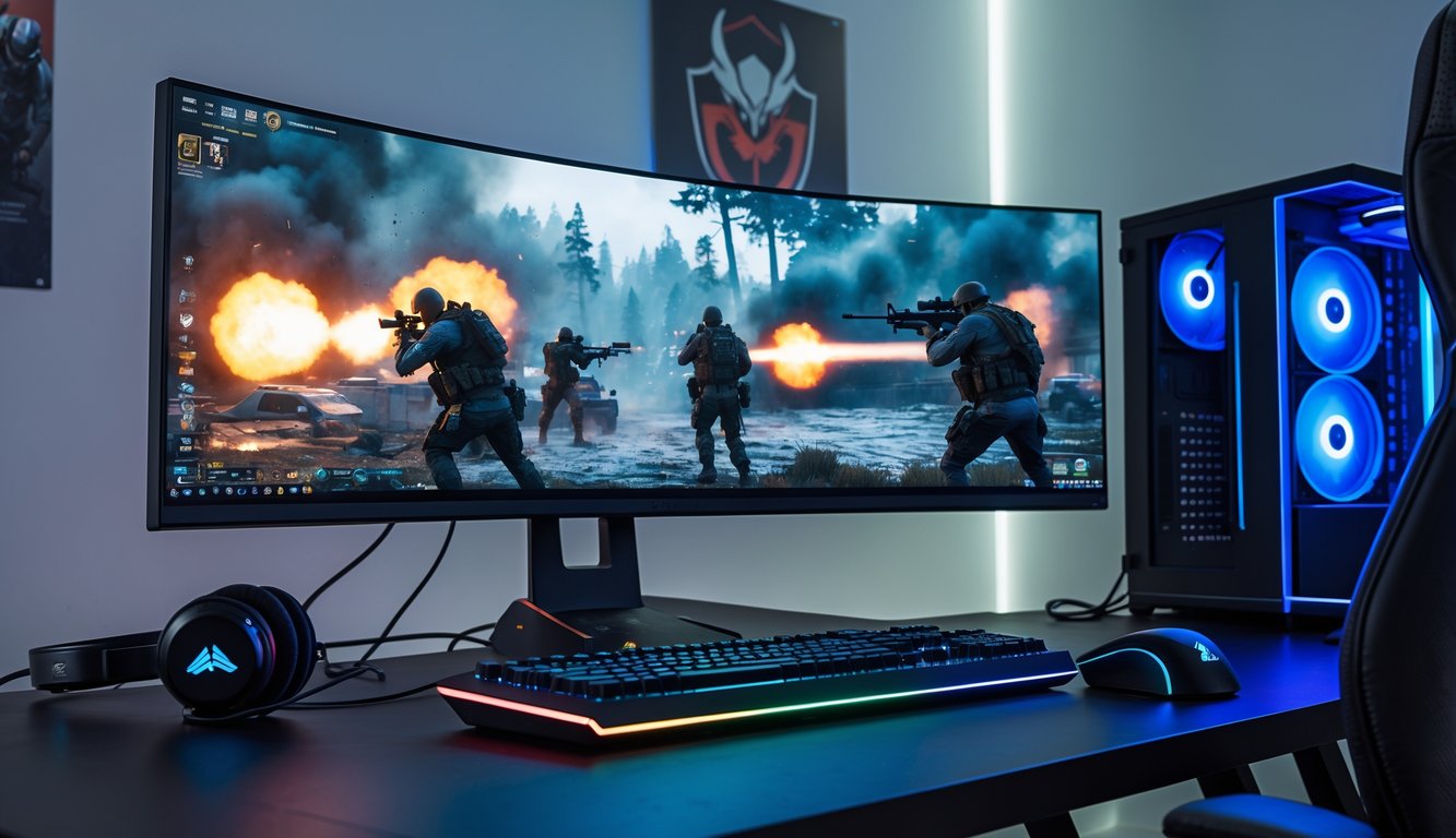 Setup gaming PC dengan monitor menampilkan adegan pertempuran Call of Duty, keyboard mekanik, mouse gaming, dan headset di meja dalam ruangan modern.