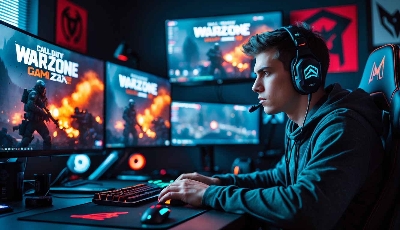 Seorang pria muda fokus bermain video game Call of Duty Warzone di depan beberapa monitor dalam ruangan dengan pencahayaan LED warna-warni.