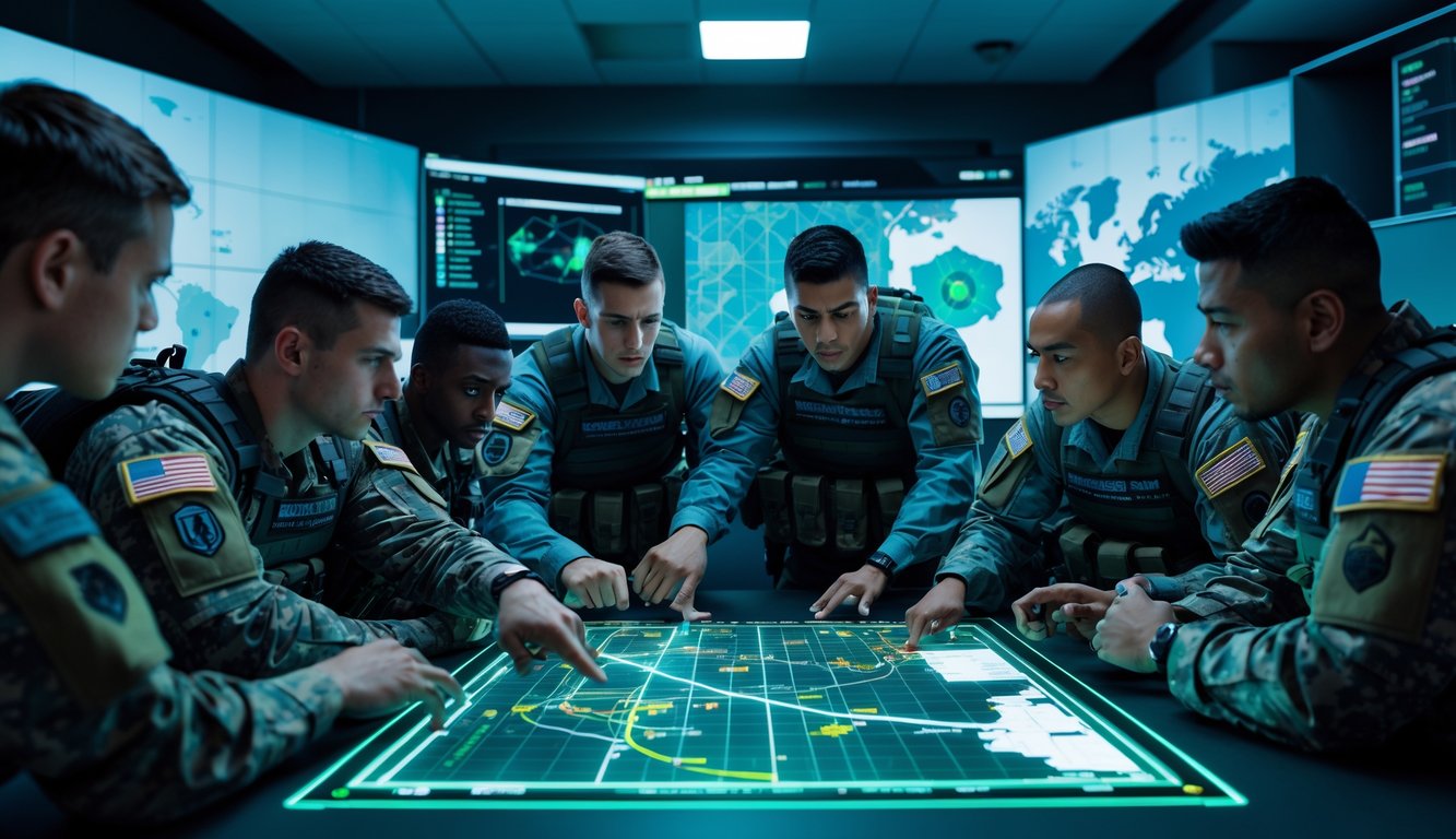 Sekelompok tentara mengenakan perlengkapan taktis berkumpul di sekitar meja digital yang menampilkan peta 3D dengan tanda strategi, sedang berdiskusi dan merencanakan operasi militer.