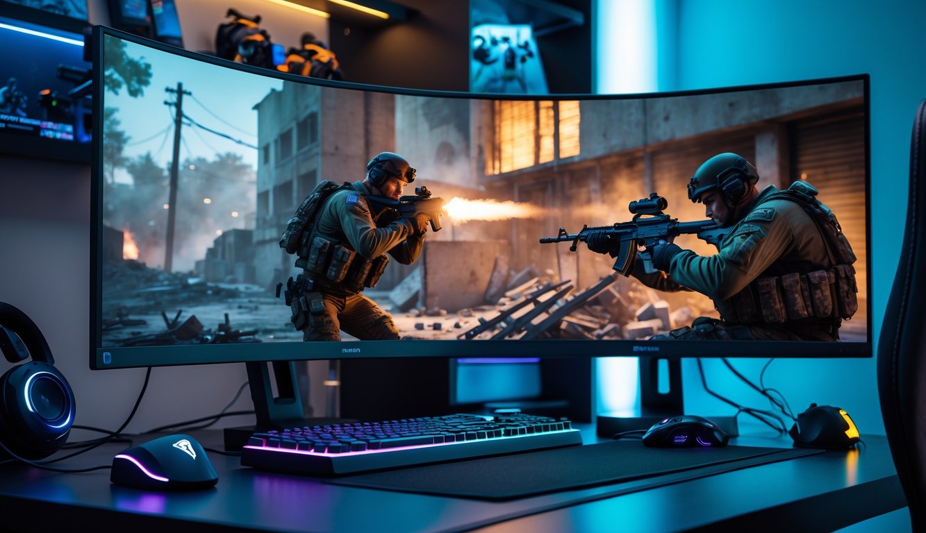 Sebuah ruang permainan dengan komputer dan monitor yang menampilkan adegan permainan tembak-menembak dengan prajurit bersenjata.