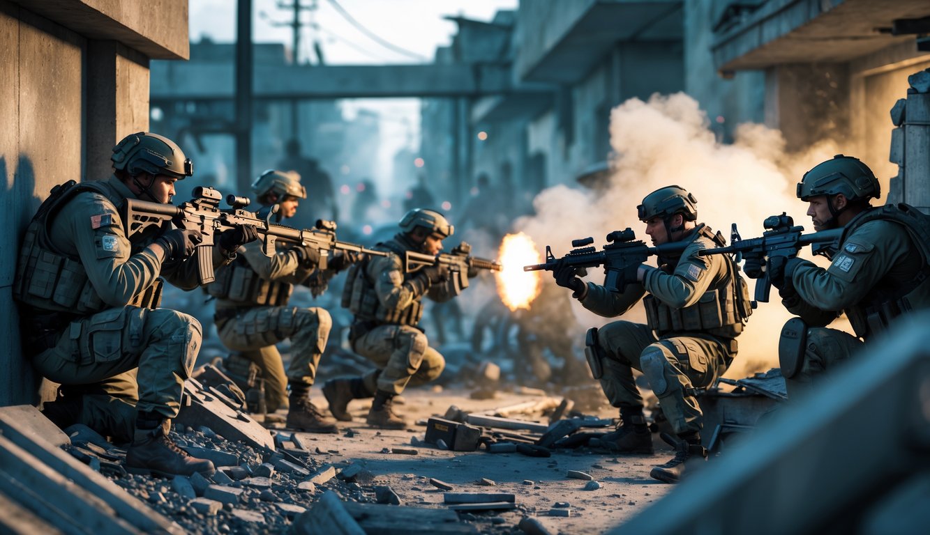 Sekelompok tentara bersenjata lengkap sedang bertempur di lingkungan perkotaan yang rusak.