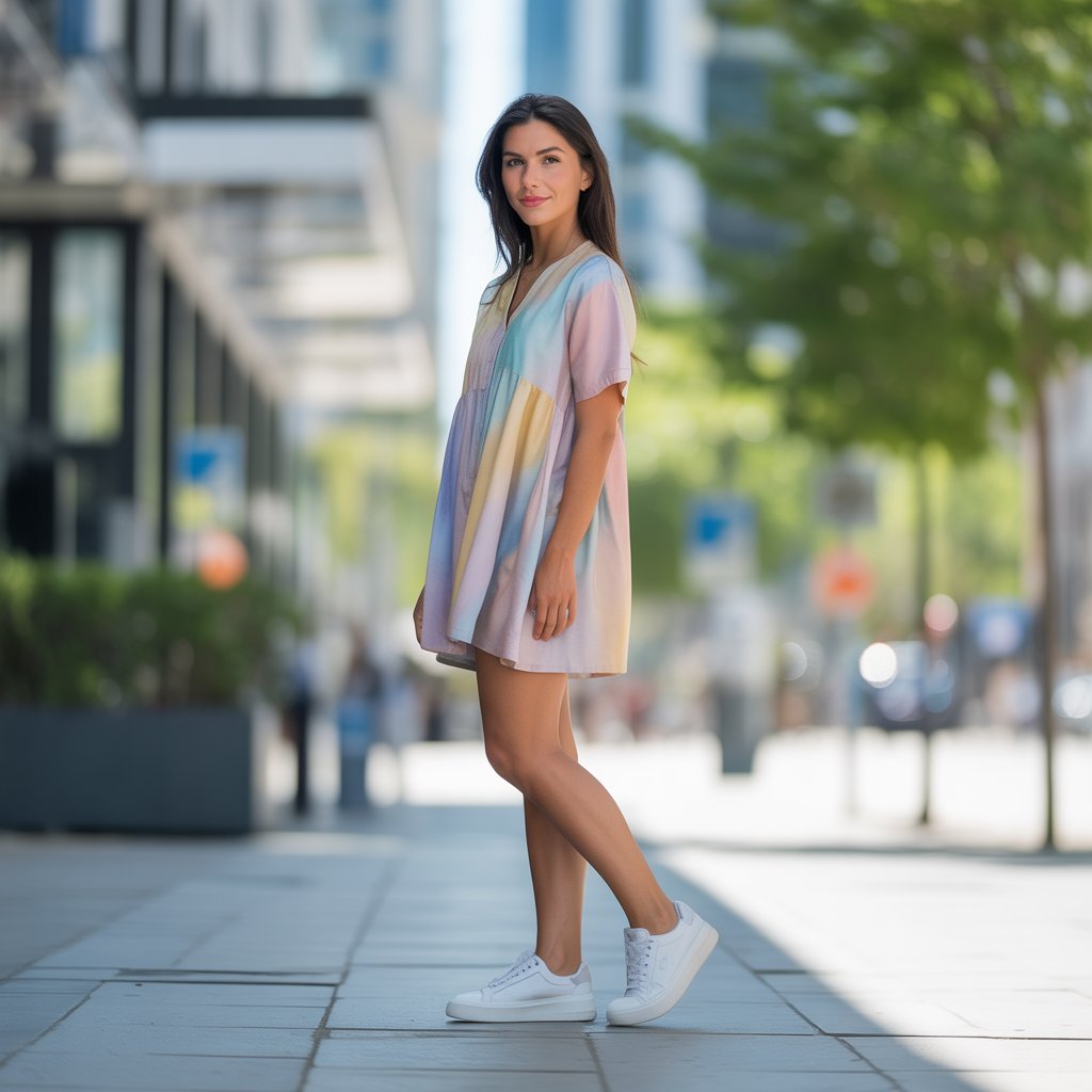 A young woman wearing a dress and white sneakers standing on a city sidewalk with buildings in the background.