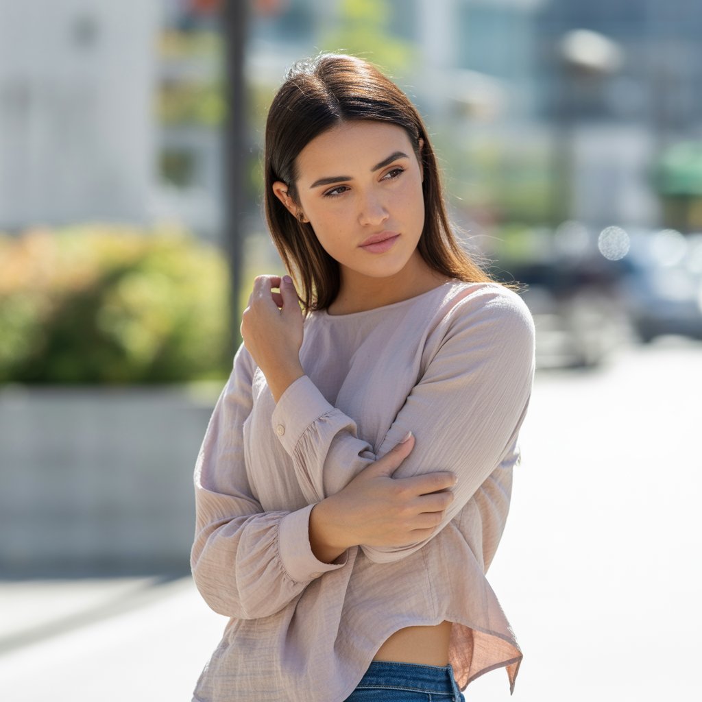 A young woman outdoors on a sunny day wearing a long-sleeve blouse, looking thoughtful with arms crossed.