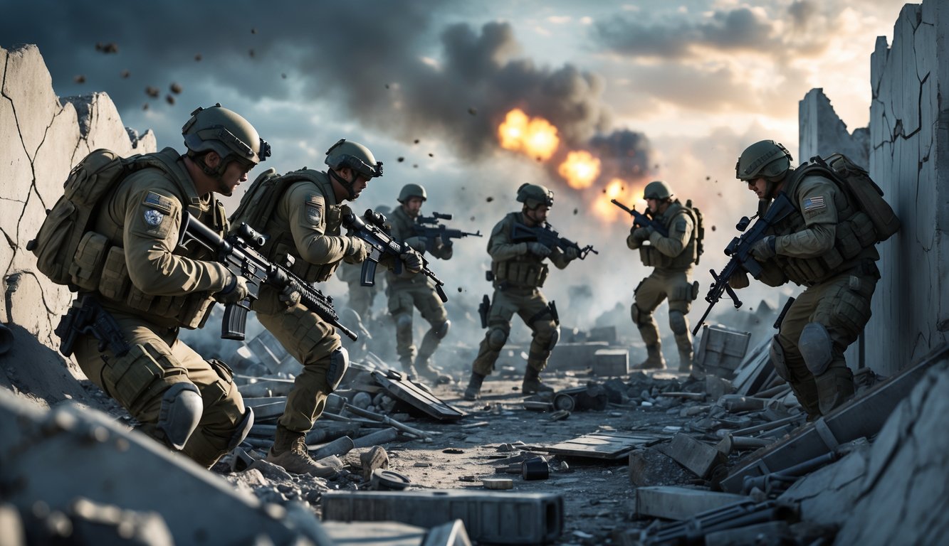 Sekelompok tentara bersenjata lengkap sedang bertempur di lingkungan perkotaan yang rusak dengan latar belakang langit dramatis dan asap.