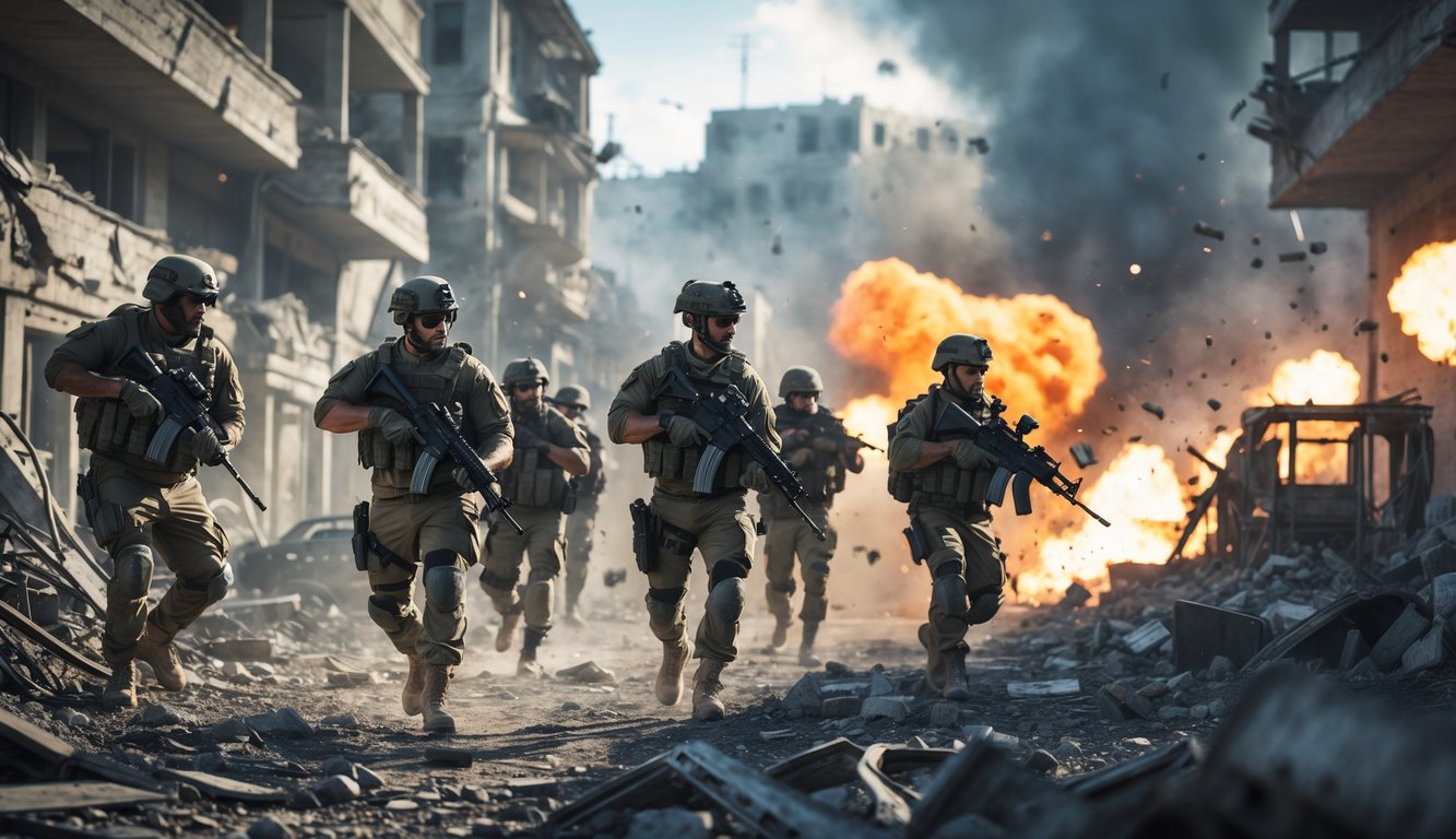 Sekelompok tentara mengenakan perlengkapan taktis modern sedang beraksi di medan pertempuran kota yang rusak dengan asap dan reruntuhan di sekitar mereka.