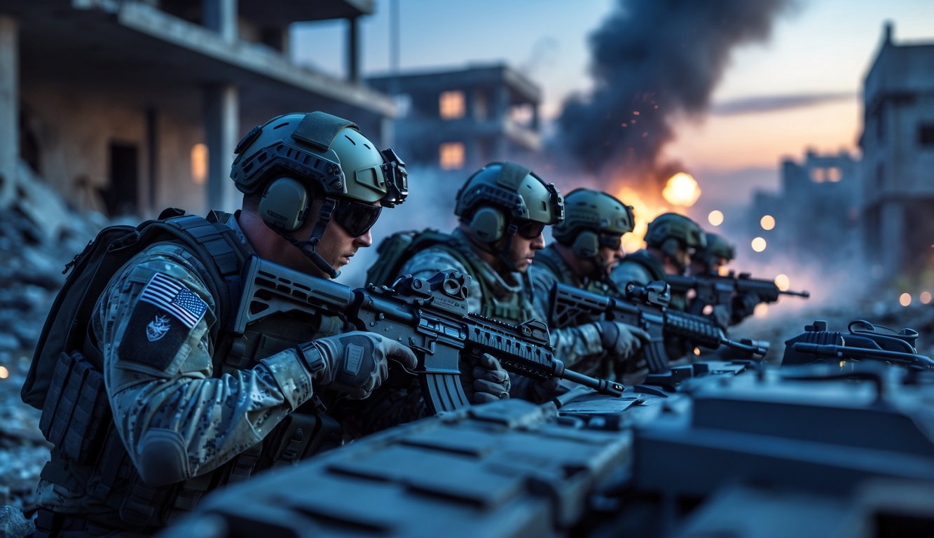 Sekelompok tentara bersenjata lengkap sedang beroperasi di zona perang perkotaan dengan bangunan rusak dan asap di latar belakang.