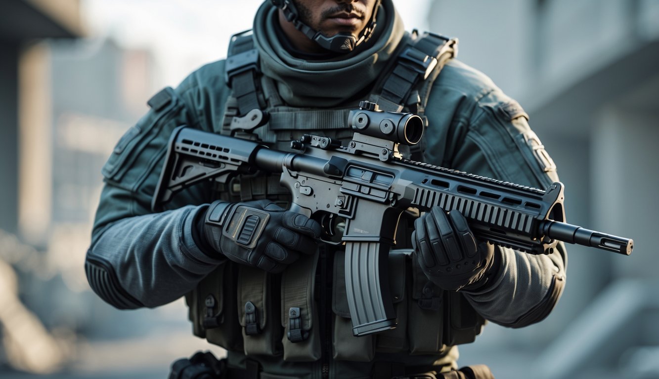 Seorang karakter tempur dengan perlengkapan militer lengkap memegang senjata serbu di latar belakang medan perang perkotaan.