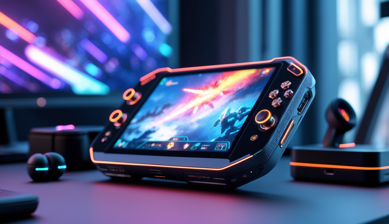 Perangkat game genggam futuristik terbaru tahun 2025 diletakkan di atas meja dengan aksesori game di sekitarnya dan latar belakang setup game modern.