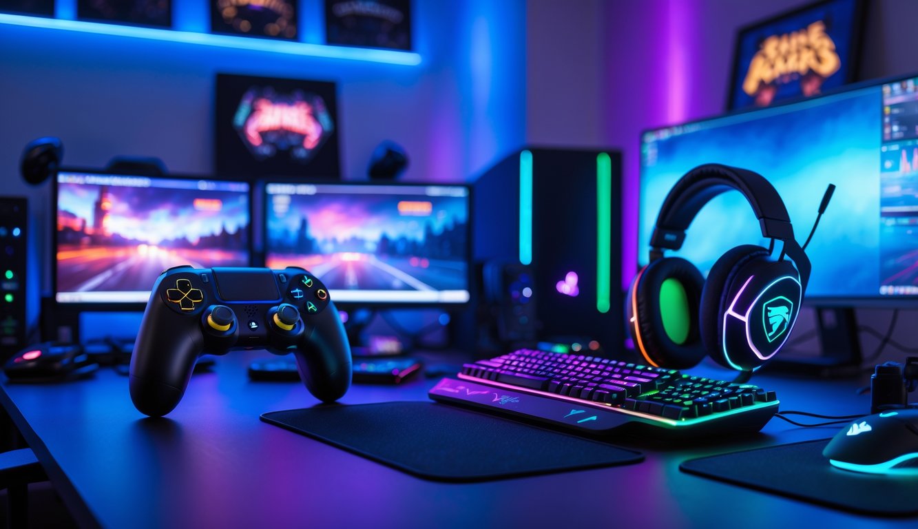 Setup ruang permainan dengan konsol game, kontroler nirkabel, laptop gaming, dan headphone di atas meja dengan pencahayaan ambient biru dan ungu.