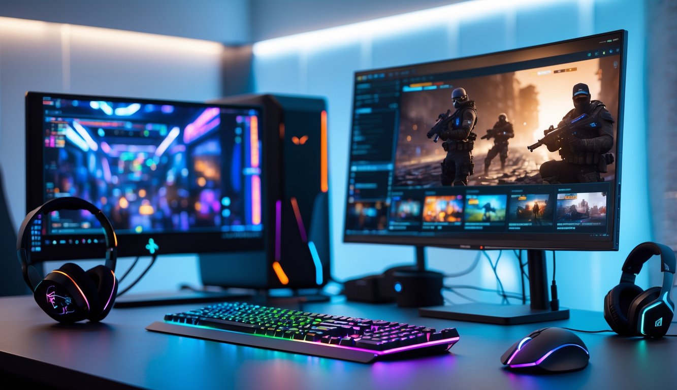 Setup gaming modern dengan laptop, monitor, mouse, dan headset di atas meja bersih.