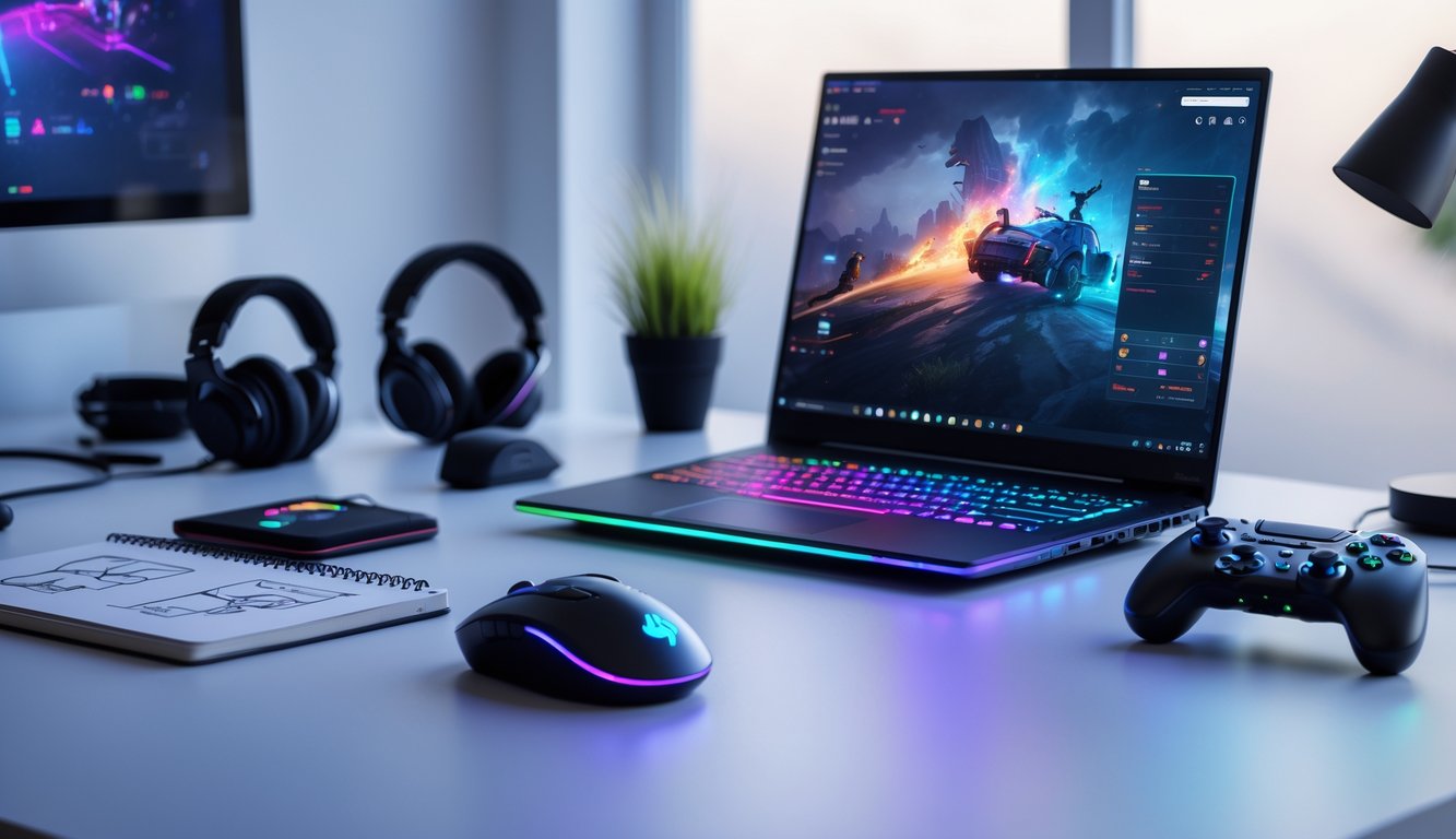 Meja kerja modern dengan berbagai gadget game terbaru seperti smartphone, laptop gaming, dan kontroler game.