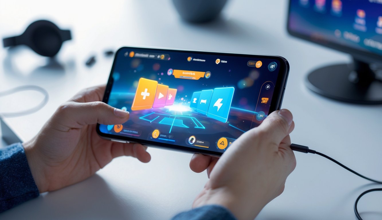 Seseorang memegang smartphone yang menampilkan permainan video di layar dengan latar belakang ruang kerja minimalis.