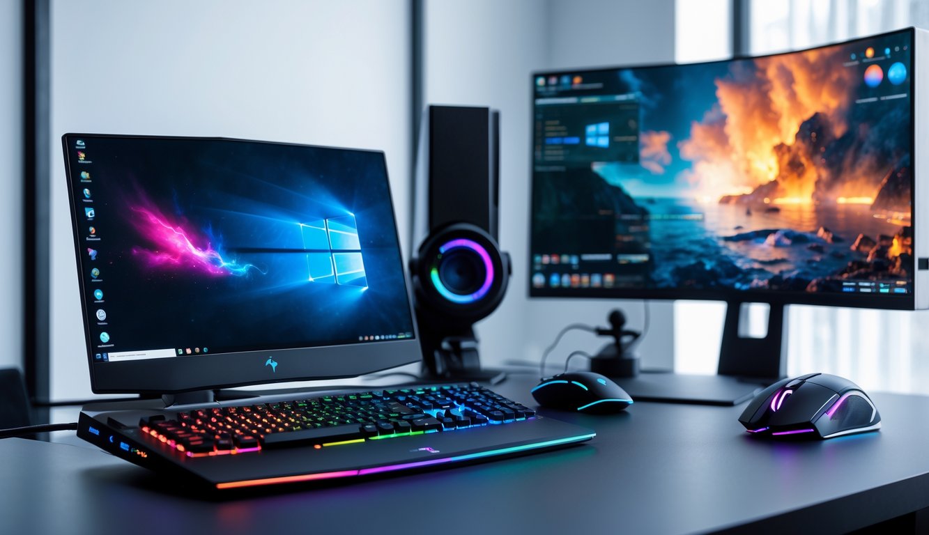 Perangkat game dan grafik terbaik seperti laptop gaming, monitor, keyboard, mouse, dan headset yang tertata rapi di atas meja.