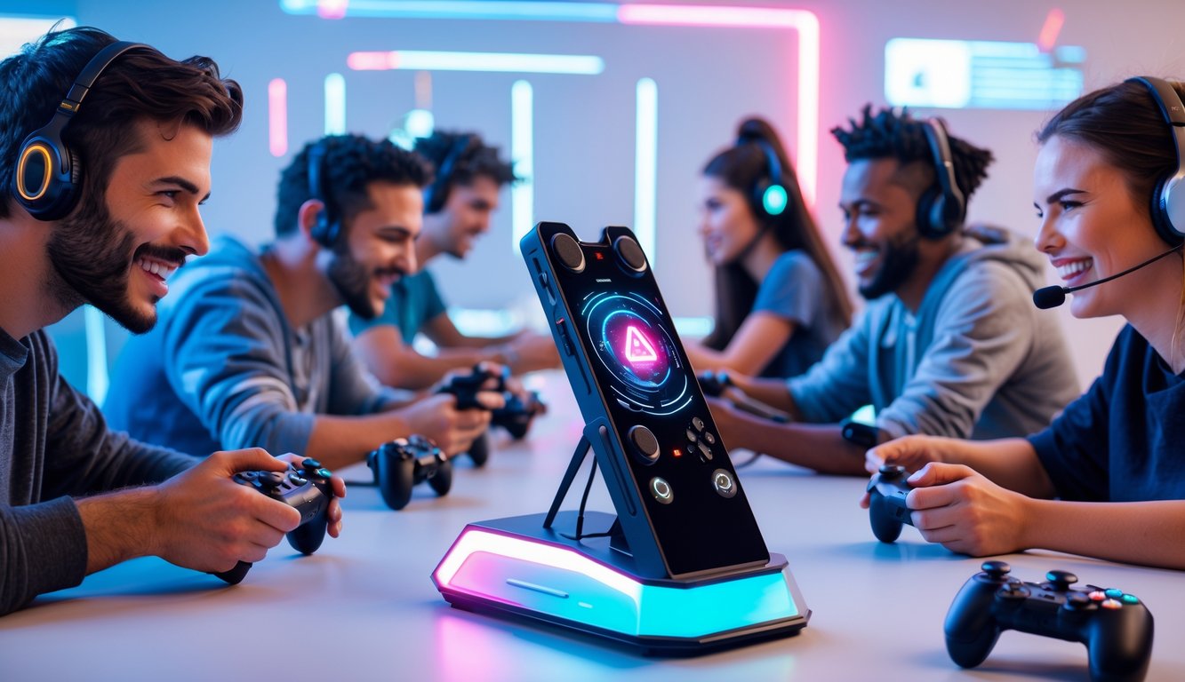 Beberapa orang muda sedang bermain game multiplayer menggunakan perangkat game genggam terbaru di sebuah meja.