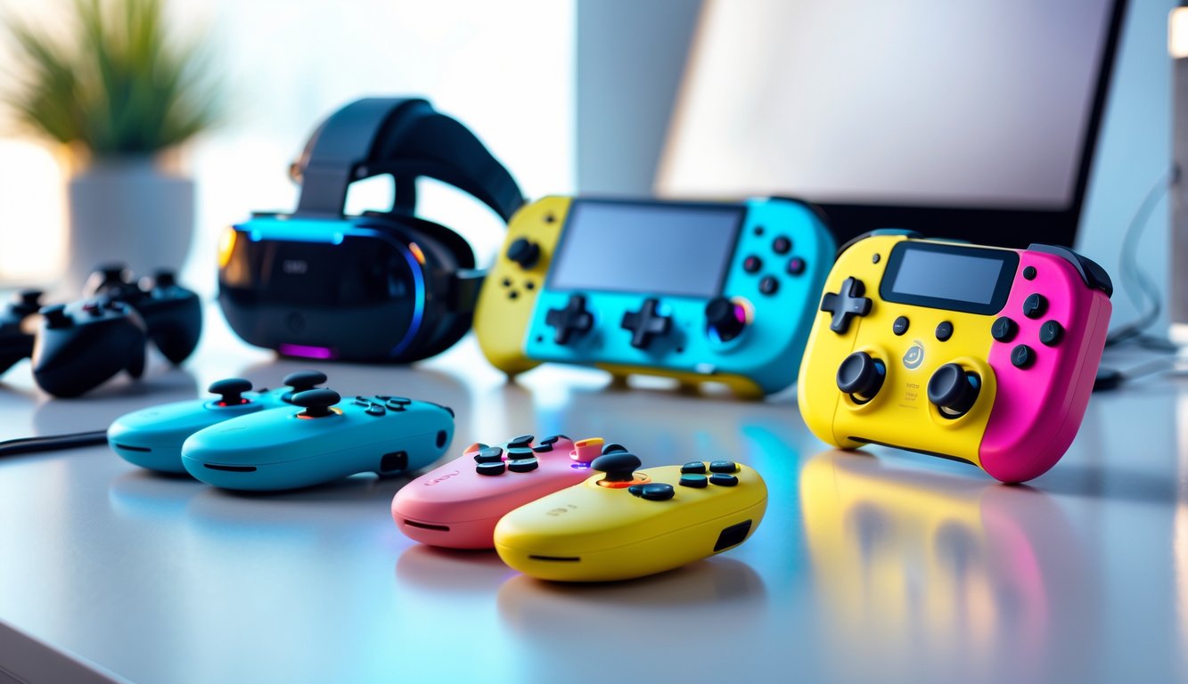 Beberapa perangkat game ringan dan seru diletakkan di atas meja modern yang bersih.