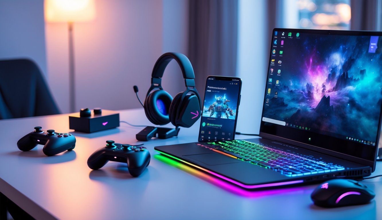 Beberapa gadget permainan populer saat ini di atas meja, termasuk konsol game, laptop gaming, ponsel dengan game, dan headphone nirkabel.