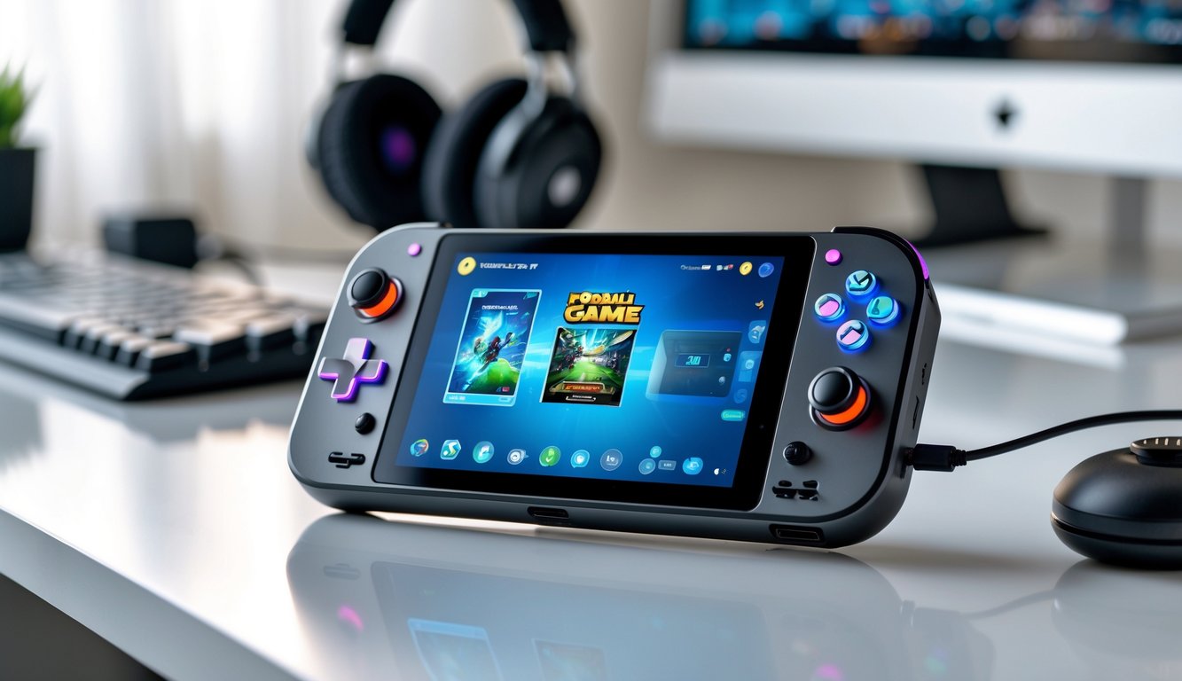 Perangkat permainan genggam modern terbaru berwarna cerah diletakkan di atas meja putih dengan latar belakang perlengkapan permainan yang samar.