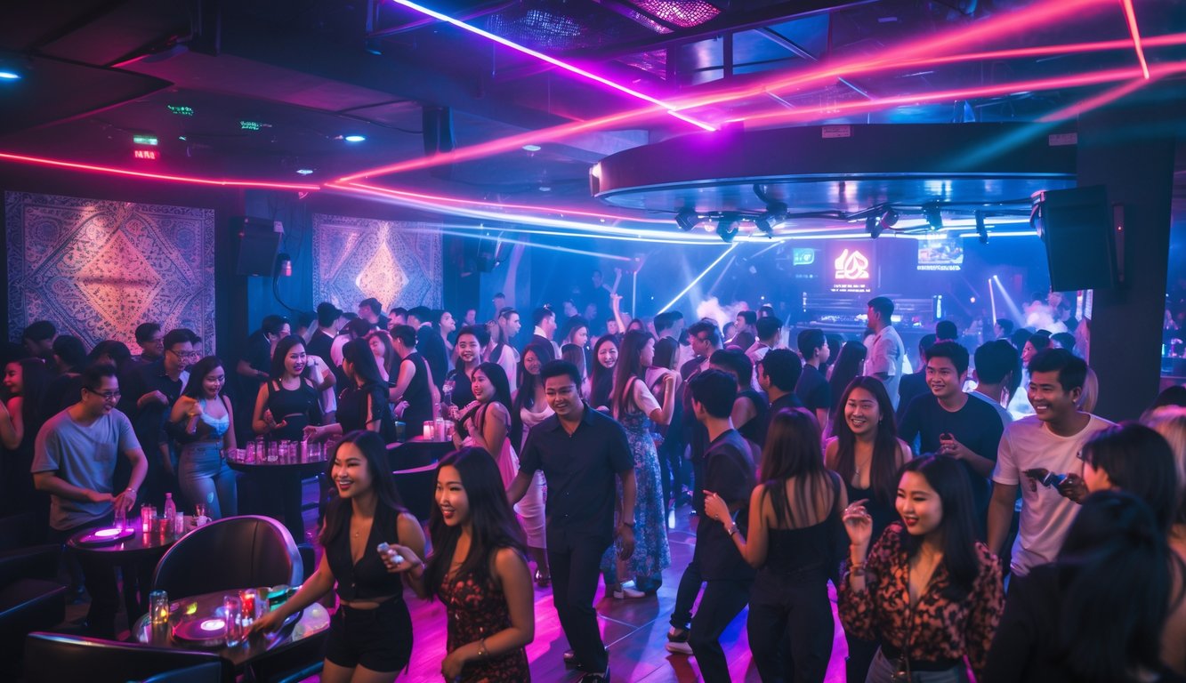 Suasana klub malam yang ramai dengan orang-orang menari dan bersenang-senang di bawah lampu warna-warni di Indonesia.