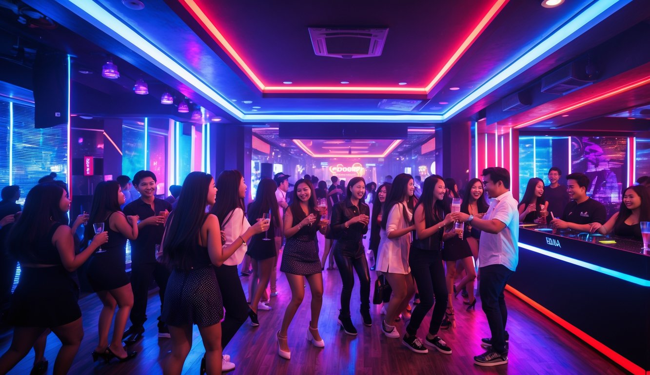 Suasana klub malam yang ramai dengan orang-orang menari dan bersosialisasi di dalam ruangan yang terang dengan lampu warna-warni.