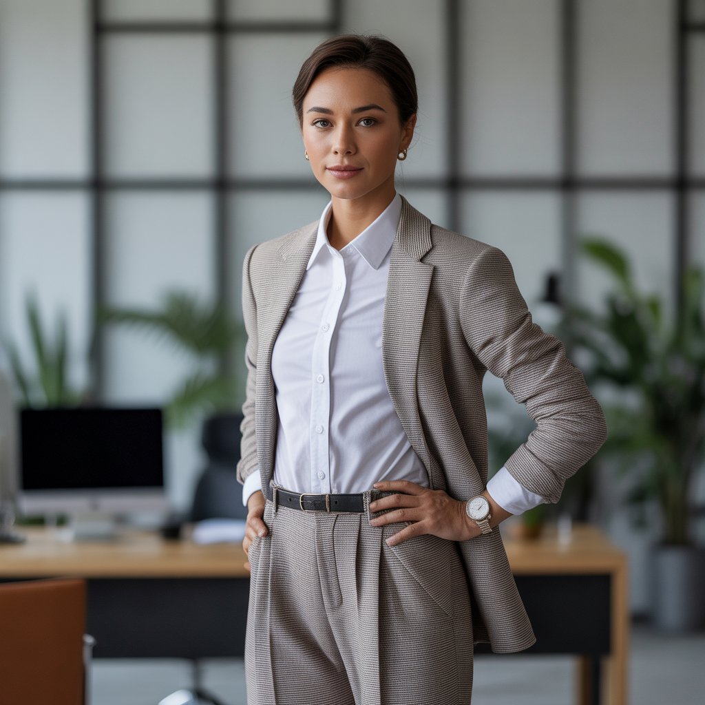 A person standing confidently in a modern office wearing a tailored business outfit with minimal accessories.