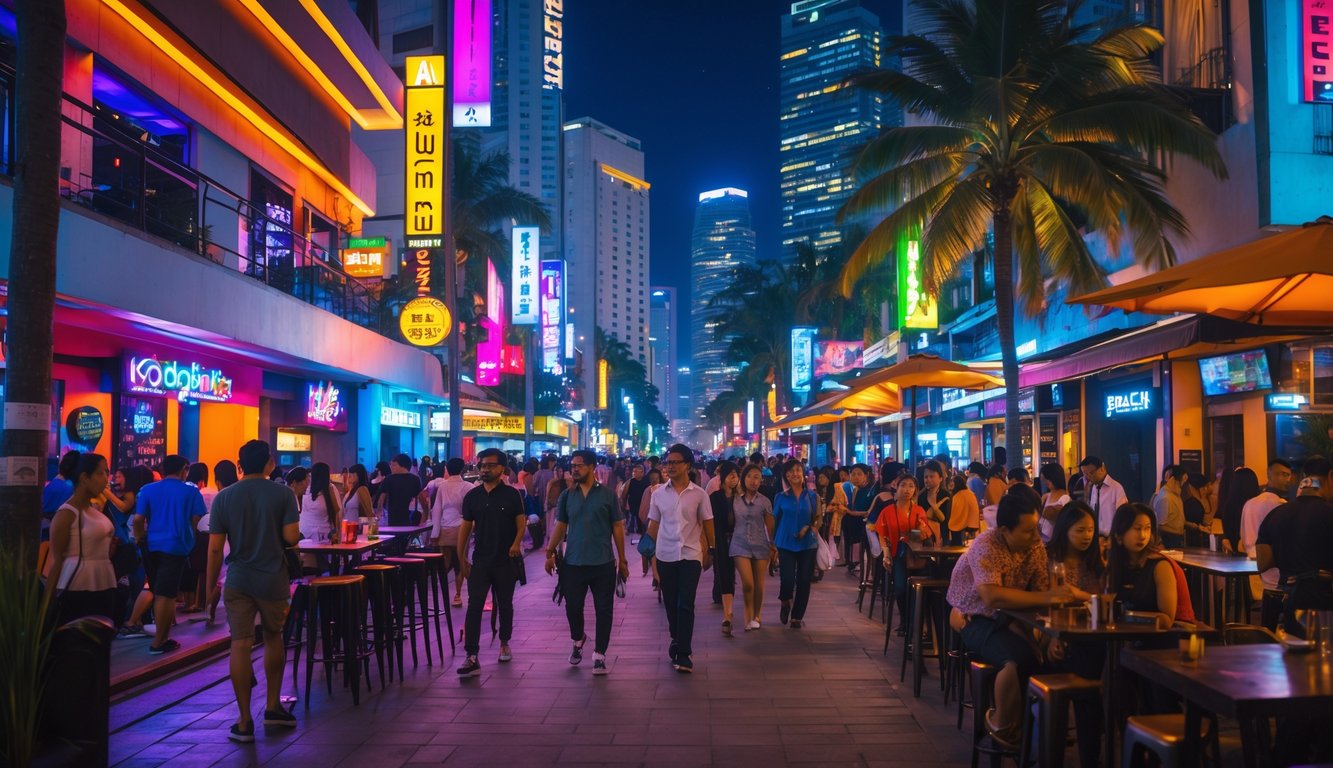 Suasana malam yang ramai di sebuah jalan populer di Jakarta dengan orang-orang yang menikmati waktu di bar dan restoran yang diterangi lampu warna-warni.