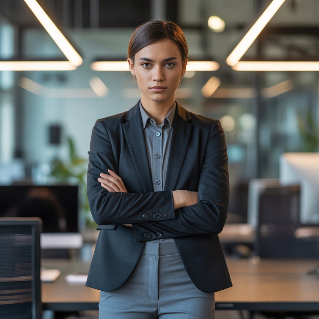 A confident young adult standing in an office wearing structured, tailored clothing with arms crossed.